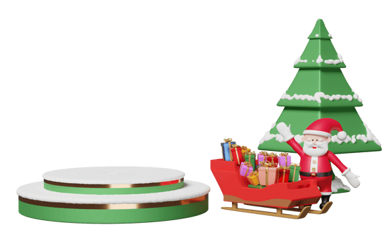 Santa claus with sleigh, gift box, christmas tree, cylinder stage podium empty, snow isolated. website, poster or Happiness cards, festive New Year concept, 3d illustration or 3d render png