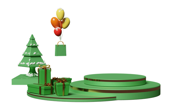 cylinder stage podium empty with gift box, christmas tree, space, shopping paper bags isolated. website, poster or Happiness cards, festive New Year concept, 3d illustration or 3d render png
