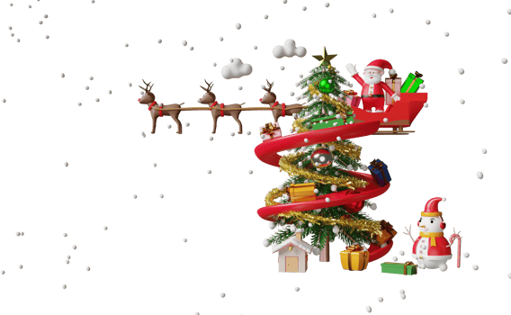 santa claus with reindeer sleigh, gift box, christmas tree, snowman isolated. website or poster or Happiness cards, banner and festive New Year, 3d illustration or 3d render png