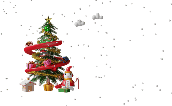 snowman with slider, gift box, christmas tree isolated. website or poster or Happiness cards, banner and festive New Year, 3d illustration or 3d render png