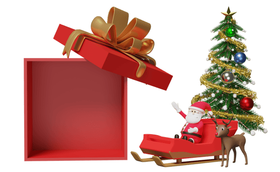 Santa claus with reindeer,sleigh red open gift box,christmas tree isolated.website,poster or happiness cards,festive New Year concept,3d illustration or 3d render png
