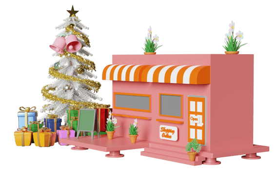 shop store front with mobile phone, smartphone, christmas tree, gift box isolated. startup franchise business, happiness cards, festive New Year concept, 3d illustration, 3d render png