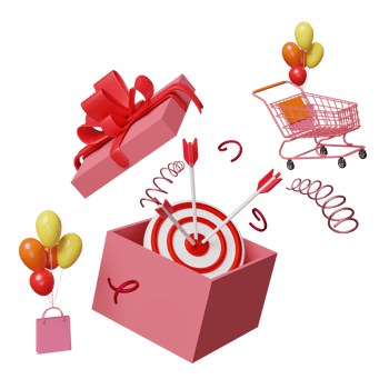 pink open gift box with target red darts or arrow isolated. shopping sale, christmas and new year day concept, 3d illustration or 3d render png