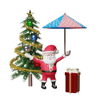 Santa claus with gift box, christmas tree, umbrella, snow isolated. website, poster or happiness cards, festive New Year concept, 3d illustration or 3d render png