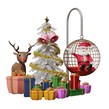 Santa claus with reindeer, gift box, christmas tree, hanging chair isolated. website, poster or happiness cards, festive New Year concept, 3d illustration or 3d render png