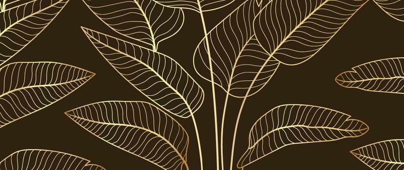 Luxury golden leaves line art background vector. Natural tropical leaf gold line art on dark background. Design illustration for decoration, wall decor, wallpaper, cover, banner, poster, card. vector