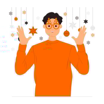 Funny man wearing glasses in the shape of christmas tree and celebrating christmas vector