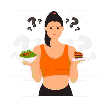 Confused girl choosing food for diet illustration vector