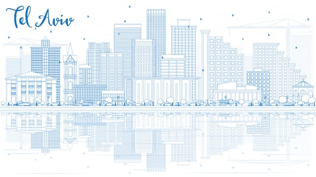 Outline Tel Aviv Skyline with Blue Buildings and Reflections. vector