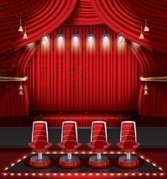 Red Stage Curtain with Spotlights and Four Chairs. vector