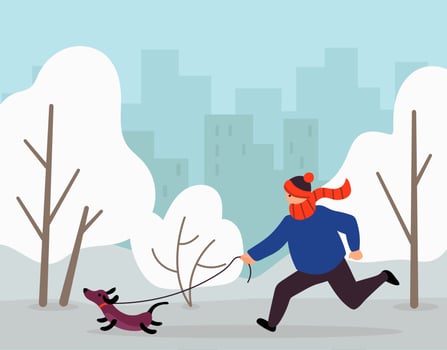 Walk Your Dog Month. The male is walking her dog. Flat style. Vector illustration.