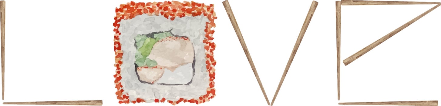 Watercolor illustration of sushi lover. World love with chopsticks  and california roll vector