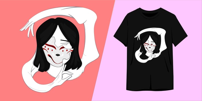 geisha with mask and hand monster illustration with t shirt template vector