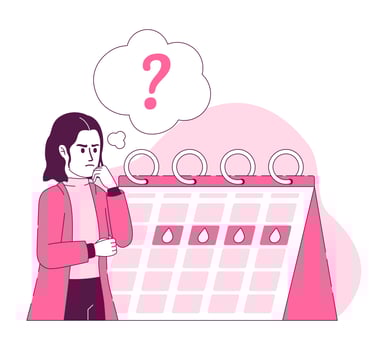 Period problem flat concept vector illustration. Thoughtful woman with calendar. Editable 2D cartoon character on white for web design. Menstruation creative idea for website, mobile, presentation