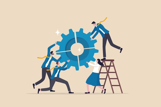 Business integration, partnership to get solution, connection or teamwork, work efficiency, optimization or organization concept, business people team colleagues connecting cogwheel gear together. vector