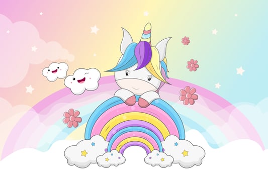 Cute little unicorn pony or horse. Fairytale background with rainbows and animals. vector