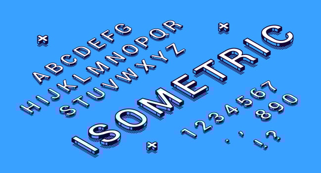 Isometric font, alphabet letters and numbers vector