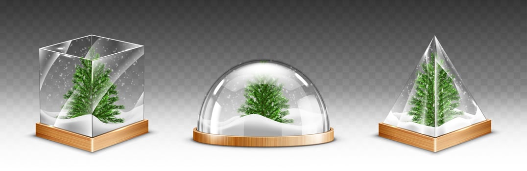Snow globes with christmas tree on wooden base vector