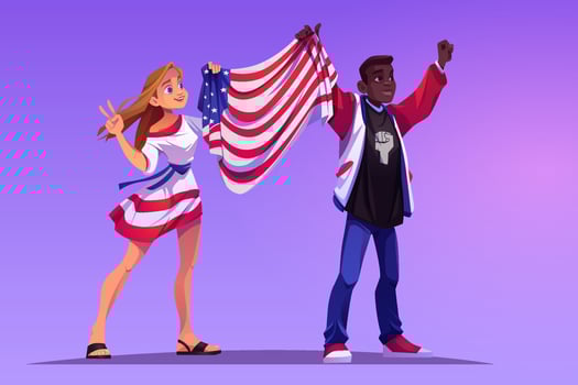 Black lives matter concept, people hold Usa flag vector