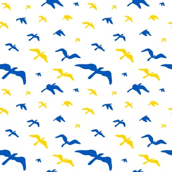 Seamless pattern with flying birds in Ukrainian flag yellow and blue colors. Vector illustration