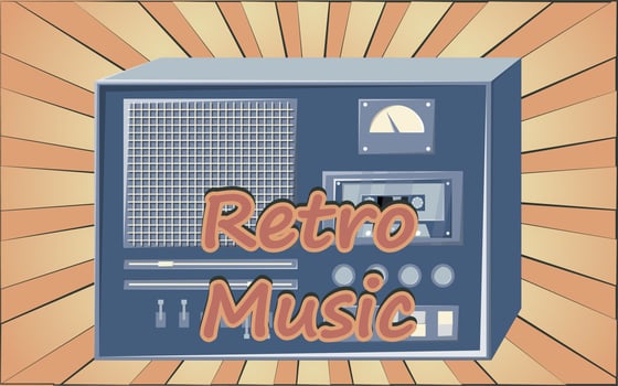 Old retro vintage poster with music cassette tape recorder with magnetic tape babbin on reels and speakers from the 70s, 80s, 90s the background of the brown rays of the sun. Vector illustration