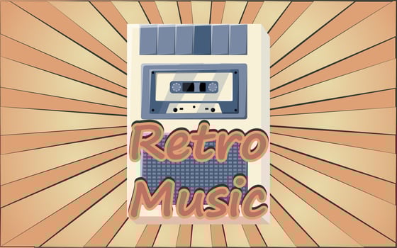 Old retro vintage hipster poster with voice recorder with music audio tape cassette for voice recording from 70s, 80s, 90s against the background of the brown rays of the sun. Vector illustration