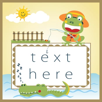 Invitation card templates, funny frog fishing, crocodile in water, vector cartoon illustration
