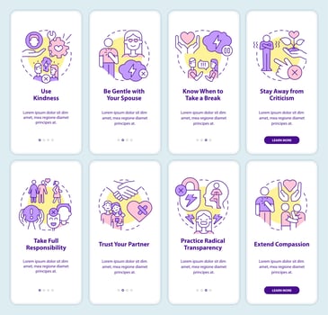 Fixing relationship and marriage onboarding mobile app screen set. Walkthrough 4 steps editable graphic instructions with linear concepts. UI, UX, GUI template. vector