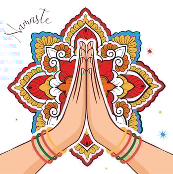 Illustration of karma depicted with Namaste, Indian women's hand greeting posture of namaste with  mandala design vector illustration