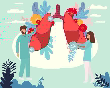 Pulmonology vector illustration. Flat tiny lungs healthcare persons concept. Abstract respiratory system examination and treatment. Internal organ inspection check for illness, disease or problems.