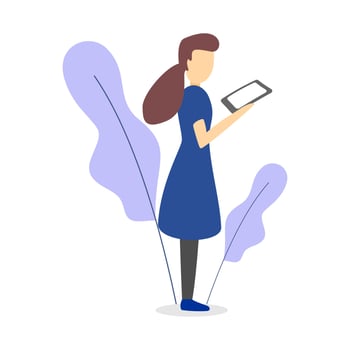Design vector illustration of a woman standing holding a gadget