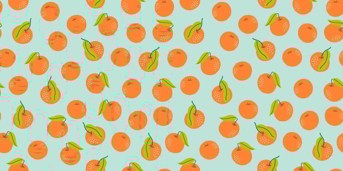 Vector seamless pattern with tangerines. Exotic citrus fruits. Abstract background with New Year symbols. Digital paper. Orange-blue palette.