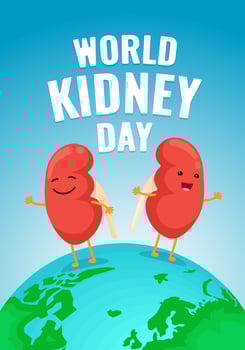World kidney day poster with cartoon characters joyful jumping on Earth map. International human healthy kidneys care celebration placard. Genitourinary system internal organ mascot on holiday banner vector
