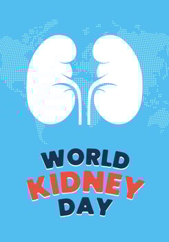 World kidney day vertical poster. International human healthy kidneys care celebration placard. Genitourinary system internal organ holiday banner. Urology insides sign on blue Earth map background vector