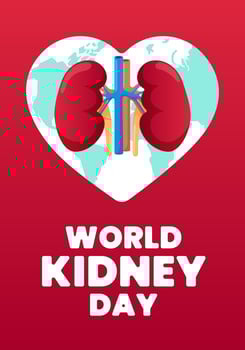 World kidney day vertical poster. International human healthy kidneys care celebration placard. Genitourinary system internal organ holiday banner. Urology insides in heart sign on red background. Eps vector
