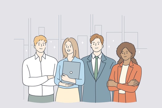 Teamwork, Success, office workers concept. Group of positive workers business people partners standing with laptop in office ready to achieve goals together showing professional skills and motivation vector