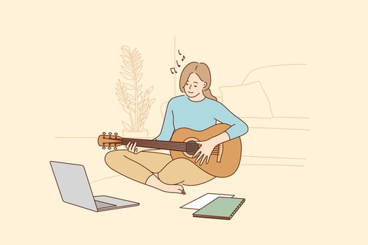 Hobby, leisure activities during quarantine concept. Young teen smiling girl sitting at home and learning playing guitar during online training during coronavirus pandemic and lockdown illustration vector