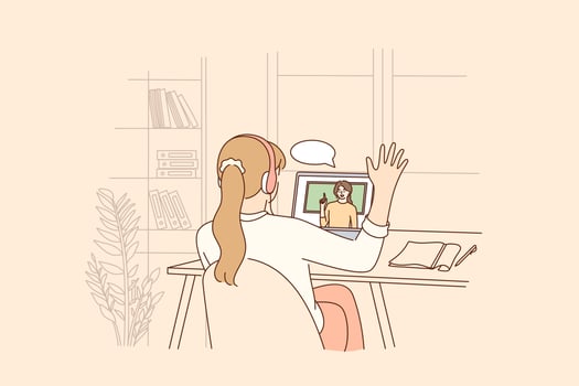 Online education, distant learning during pandemic concept. Homeschool girl student sitting backwards greeting teacher during virtual internet online class during coronavirus epidemic and lockdown vector