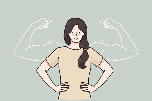 poder da mulher, autoconfiança feminina, conceito de alta estima. corajosa mulher sorridente confiante em pé mostrando sombras de bíceps enfrentando medos como um herói poderoso sentindo-se poderoso confiante com força interior vetor