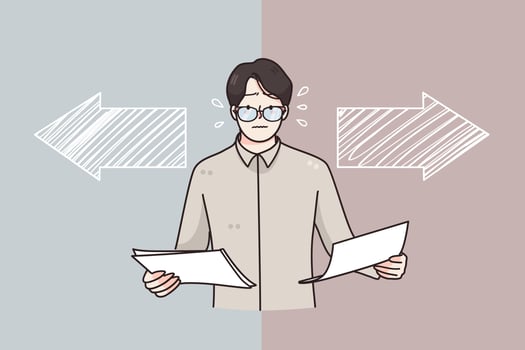 Choice, business decision, different ways concept. Frustrated businessman in glasses holding documents in hands trying to choose right or left direction feeling doubt and stress illustration vector