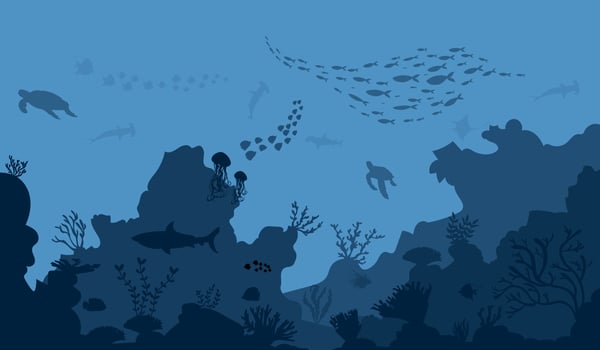 silhouette of coral reef with fish and divers on blue sea background underwater vector illustration