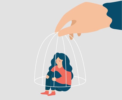 Doctor's hand helps a woman closed inside a cage and released her free. Girl has mental health disorders gets therapy from a psychologist. Psychotherapy, depression and drugs rehabilitation concept. vector