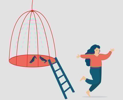 Woman escaping from a cage to find her freedom. Female runs away from a prison. Girl getting out of a tight space. Mental health issues, women's rights, rehabilitation, new opportunities concept. vector