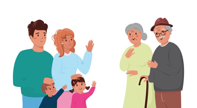Illustration of a family with different generations. Visit to grandparents. Family, generation, retirement, love, bonding concept illustration. vector