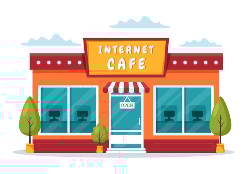 Internet Cafe Building for Playing Games, Workplace use a Laptop, Talking and Drinking in Flat Cartoon Hand Drawn Templates Illustration vector