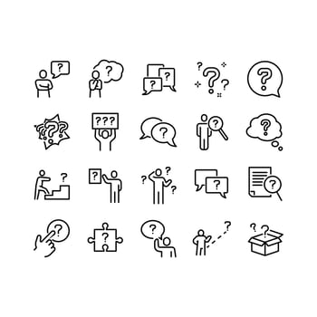 Set of Question Related Vector Line Icons. Contains such Icons as Puzzle, Confused Man, Question Mark, Asking, problem solving and more.