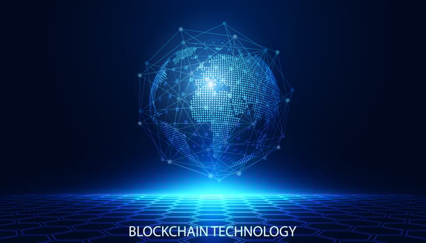 Abstract digital world and perspective digital connection network concept blockchain technology digital finance decentralized defi cryptocurrencies On a blue background, modern, futuristic, hi-tech. vector