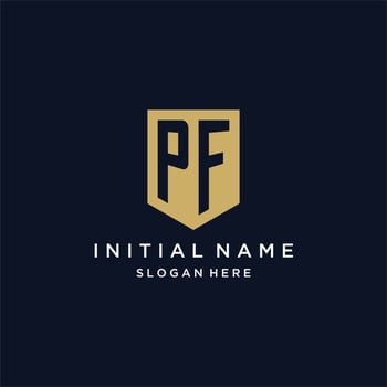 PF monogram initials logo design with shield icon vector
