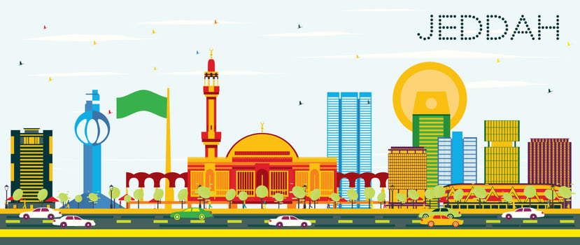 Jeddah Skyline with Color Buildings and Blue Sky. vector