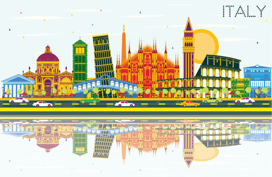 Italy City Skyline with Color Landmarks and Reflections. vector